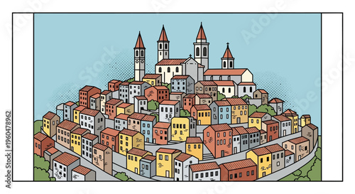 Colorful cartoon cityscape with church towers and homes