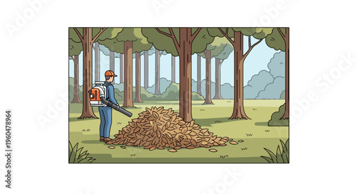 Worker clearing autumn leaves in lush forest with leaf blower