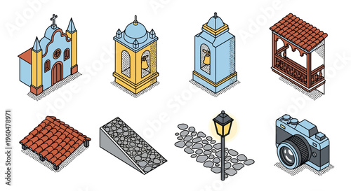 Colorful isometric icons of mexican architecture and traditions for cultural designs