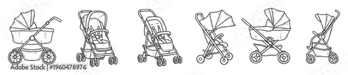 A collection of various baby prams and childrens strollers for newborn and toddler transportation equipment, perfect for parenting blogs, product guides, and childcare resources