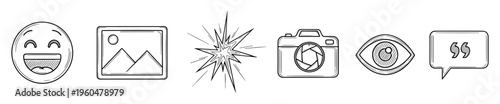 Hand drawn style digital communication icons including a smiling face, photo frame, burst effect, camera, human eye, and quotation speech bubble for social media platforms