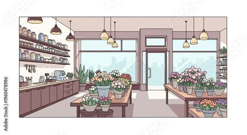 Charming flower shop interior with potted plants and large windows