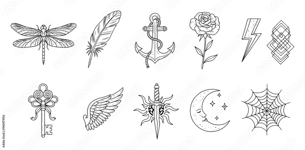 Fototapeta premium A collection of mystical hand drawn nature and celestial symbols including a dragonfly, feather, anchor, rose, lightning bolt, key, wing, sun dagger, crescent moon, spiderweb, and geometric