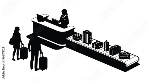 A minimalist depiction of an airport check in scene with passengers and baggage handling a striking silhouette