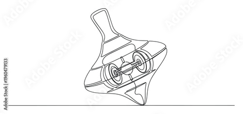 Dynamic continuous line drawing of a scientific gyroscopic spinning top demonstrating physics principles and mechanical engineering perfect for educational resources or toy industry graphics