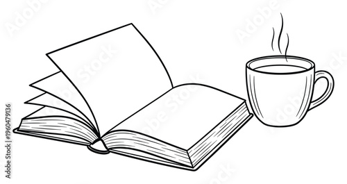 Open book with blank pages and a steaming mug, perfect for visual concepts related to education, storytelling, learning, study, or relaxing moments.