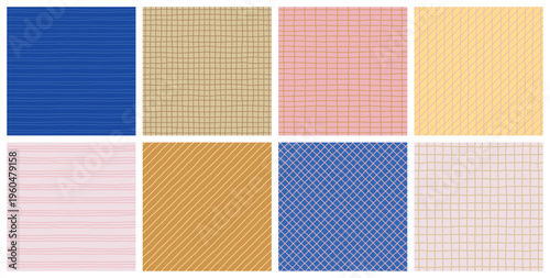 Hand drawn blue beige pink seamless pattern set with grid stripes diagonal lines crayon texture children drawing aesthetic abstract modern minimal textile wallpaper repeat surface design