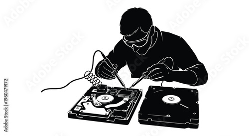 A skilled technician repairs computer hardware with precision showcasing expertise and focus a striking silhouette high quality professional
