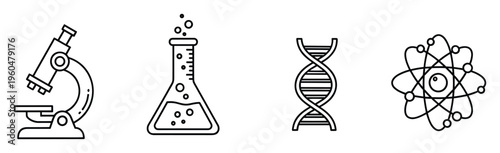 Comprehensive collection of outline icons representing scientific exploration and laboratory instruments like a microscope, flask, DNA helix, and atom structure for educational and