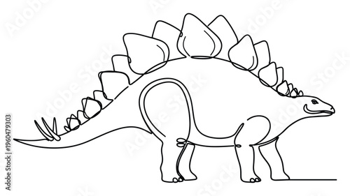 Single continuous line depiction of a majestic Stegosaurus walking, suitable for educational resources, childrens literature, or prehistoric themed decor.