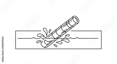 Dynamic line art illustration depicting a cylindrical object splashing into liquid surface artwork