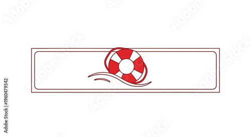 Graphic illustration of a vibrant red and white life preserver floating on subtle waves, framed