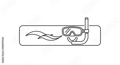 Clean linear vector graphic of snorkeling gear with stylized water waves for ocean leisure and