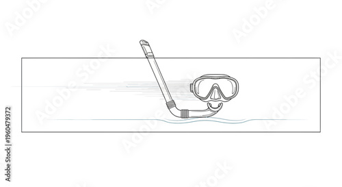 Minimalist Line Art Illustration of Snorkel and Dive Mask Floating on Water Surface, Ready for