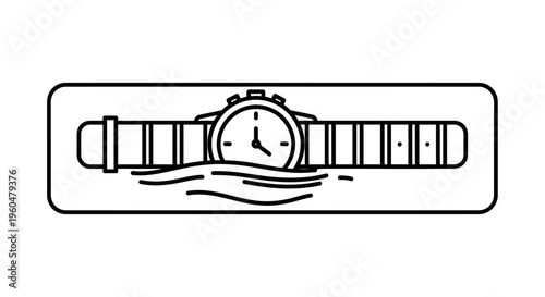 Black Outline Icon of a Modern Wristwatch Floating in Water Showing Time and Resistance