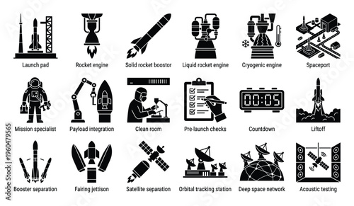 Comprehensive set of black glyph icons illustrating the entire space exploration journey from rocket launch preparations to deep space communication, ideal for educational resources and