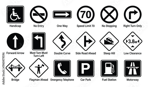 A comprehensive collection of essential road and traffic signs for navigation, safety warnings, and public information, ideal for transportation education, travel applications, and graphic