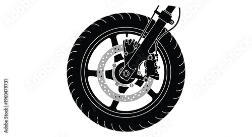 A detailed illustration showcasing a motorcycle front wheel and braking system in stark contrast silhouette high quality professional