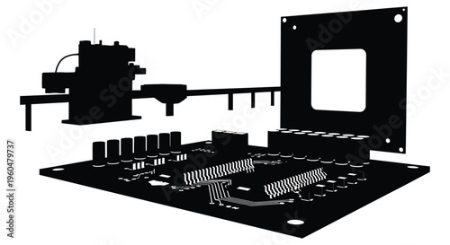 A detailed illustration of computer components including a processor and motherboard rendered as a silhouette high quality professional
