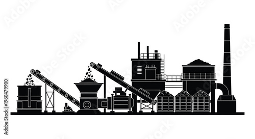 A stark black industrial complex with multiple structures conveyors and a prominent smokestack silhouette high quality professional detailed