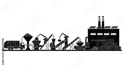 A detailed black silhouette depicts an industrial complex with vehicles machinery and smokestacks silhouette high quality professional modern
