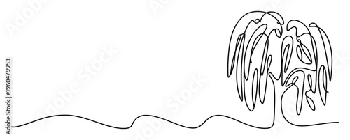 Minimalist continuous line drawing of a graceful weeping willow tree and a wavy ground line, perfect for elegant natureinspired graphic projects or simple decorative themes
