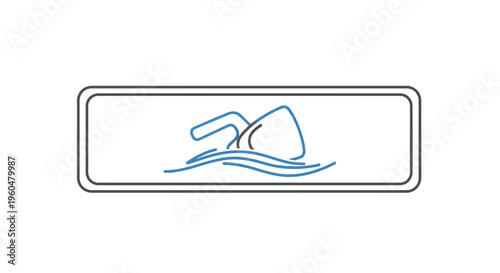 Minimalist blue line art icon of a swimmer in water within a rounded frame for sports activities