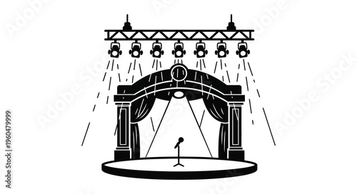 An ornate stage setting with spotlights and a microphone stand is depicted in black a striking silhouette