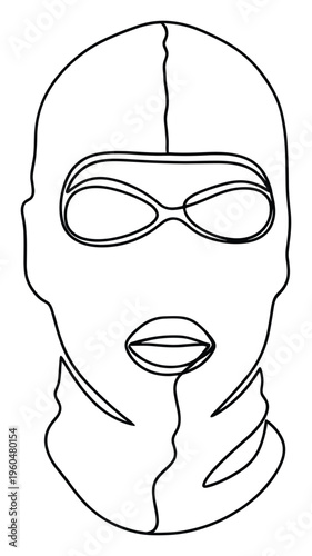 Monochromatic outline drawing of a person wearing a balaclava face mask covering the entire head and neck with openings for the eyes and mouth creating an anonymous figure suitable for