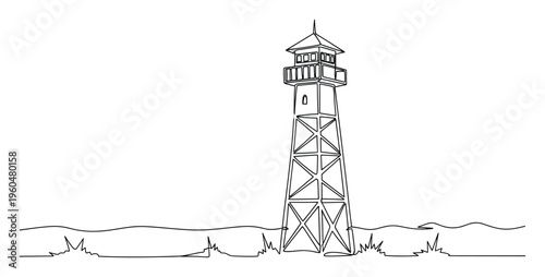Continuous line drawing of a tall lookout tower standing in a simple landscape, perfect for architectural concepts, navigation themes, or minimalist graphic resources