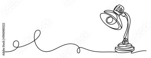 Continuous line drawing of a modern desk lamp symbolizing innovation, discovery, and focused learning for use in educational materials, business presentations, and motivational stationery.