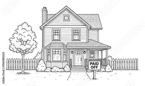 Classic two story residential house with a front porch, bay window, and a Paid Off sign in the yard, ideal for financial freedom and real estate concepts