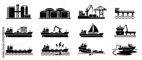 Essential shipping and maritime vector icons representing industrial port operations, cargo transportation, offshore facilities, and sea accidents suitable for logistics, energy, and