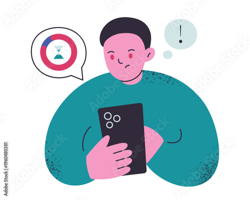 Flat cartoon character with red eyes checking screen time chart on smartphone, upset and frustrated. Internet addiction and screen time guilt, digital wellness and online habits vector illustration