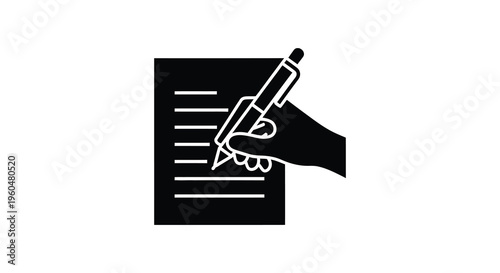 A black silhouette depicts a hand holding a pen above a document with lines conveying writing or signing a document silhouette