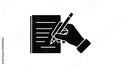 A black silhouette depicts a hand holding a pen over an open book representing writing and learning silhouette