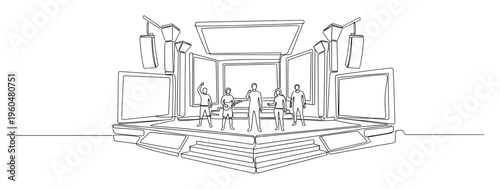 A continuous line drawing of a musical band performing live on a modern stage with multiple screens and large speakers, perfect for event promotion, entertainment industry branding, or