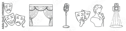 Collection of theatrical and performancerelated icons including comedy and tragedy masks, stage curtains, vintage microphone, a singing woman, and a spotlight for event promotion and