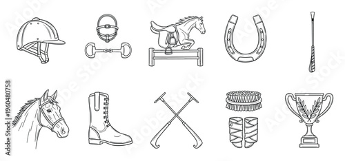 Comprehensive collection of essential equestrian equipment and accessories including a horse, rider helmet, boots, and tools, perfect for sports event promotions or educational materials