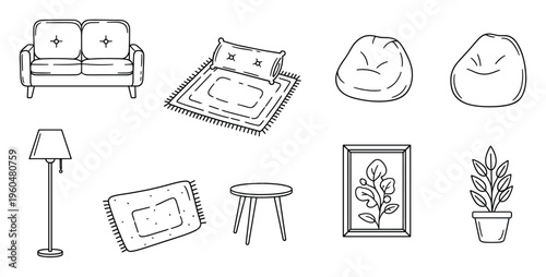 A collection of outline home furniture and interior decor items including a sofa, floor lamp, bean bags, rugs, side table, and plants, perfect for modern living space design concepts and
