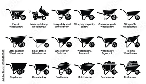 A comprehensive collection of various wheelbarrow types presented as black silhouette icons, perfect for construction, gardening, and hauling project related graphic resources.