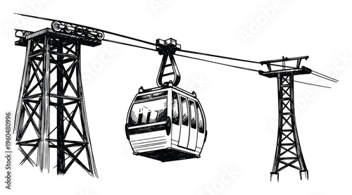 This hand drawn sketch of a cable car system with a gondola cabin suspended between two tall towers is ideal for travel brochures, mountain resort advertisements, or transportation themed
