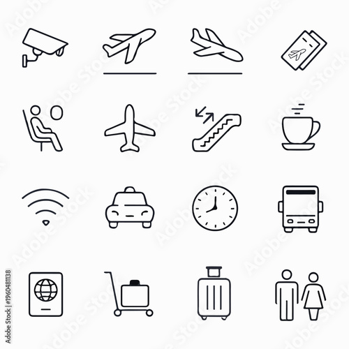 Travel & Airport Line Icon Set – Transportation, Tourism, Flight, Luggage, Navigation Vector Icons