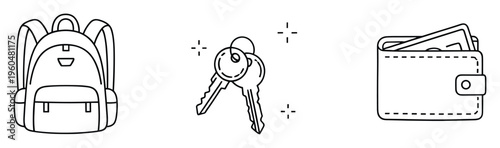 Minimalist line icons displaying a travel backpack, security keys, and a currency wallet, excellent for digital user interfaces, educational content, financial planning, or personal