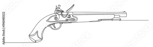 Monoline drawing showcasing a classic flintlock pistol, an antique firearm ideal for historical projects, educational content, or contemporary graphic prints exploring classic weaponry and