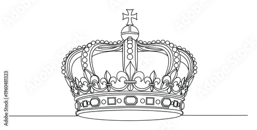 Simple elegant continuous line drawing of a majestic royal crown featuring a cross and fleurdelis motifs representing luxury and power for symbolic graphic design.
