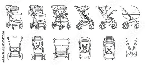 Collection of various baby transportation equipment including strollers, prams, and infant carriers depicted in a hand drawn line art style for childcare product advertisements and