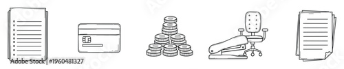 Hand drawn doodle business and office stationery items including documents credit card coins stapler and chair perfect for finance productivity and workplace themes
