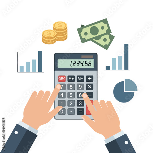 Finance Calculation Concept: Hands Using Calculator with Money, Coins, Charts, and Graphs