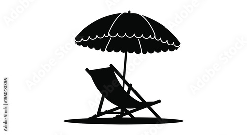 A black silhouette depicts a beach chair and parasol evoking a relaxing summer vacation scene silhouette high quality